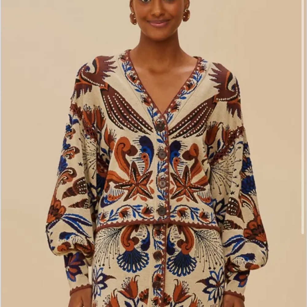 FARM Rio Floral Jacquard Button-Front Cardigan in Cream, Brown & Blue - Picture 6 of 7